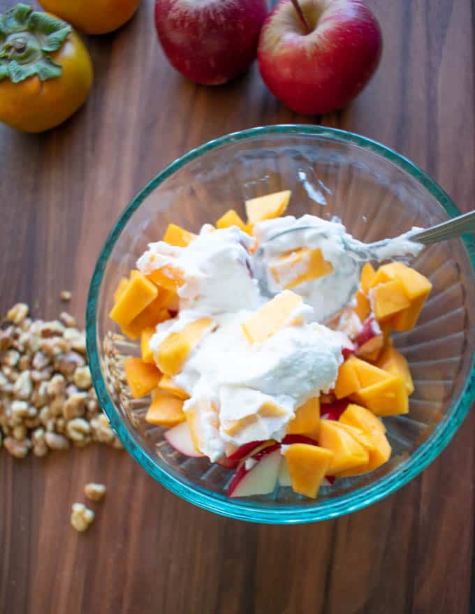 healthy ambrosia salad with persimmons