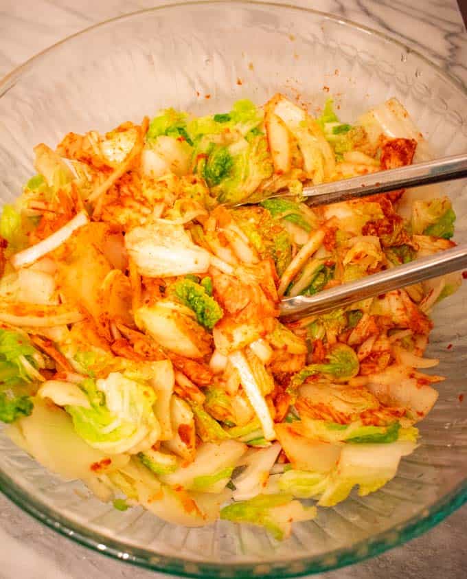 mixed napa cabbage kimchi in a bowl