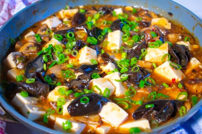 Vegan Mapo Tofu with Caramelized Mushrooms in pan