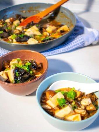 Vegan Mabo Tofu with Caramelized Mushrooms in 2 bowls