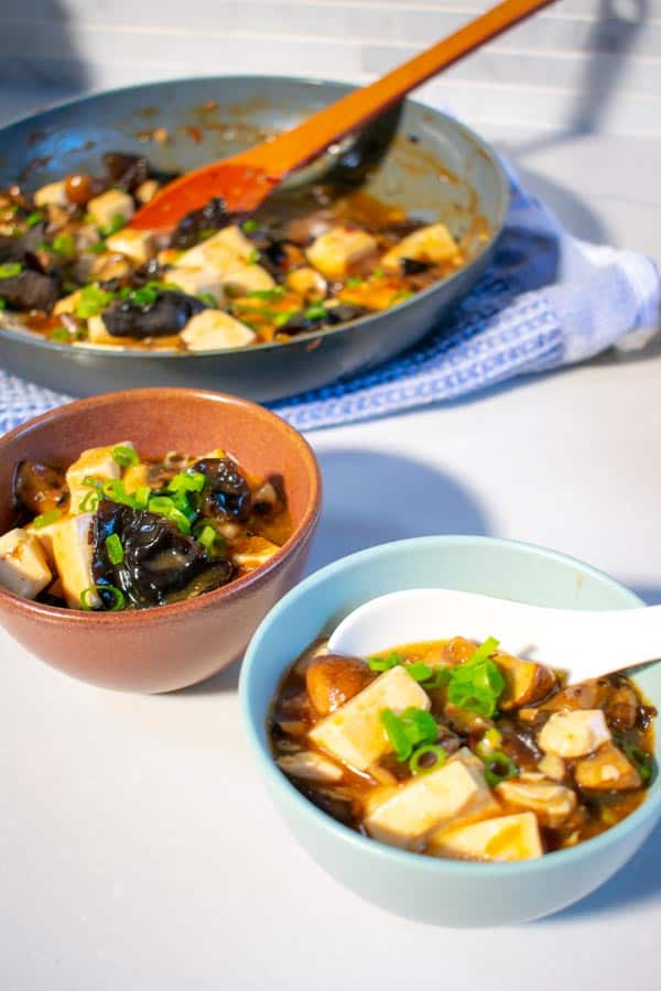 Vegan Mapo Tofu with Caramelized Mushrooms in 2 bowls
