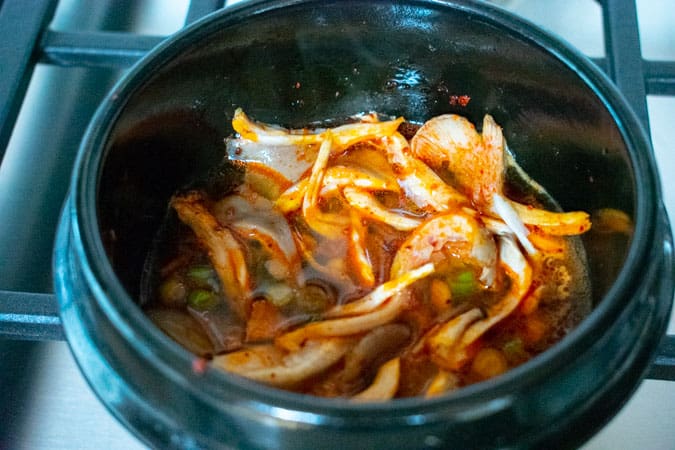 Oyster mushrooms in pot for Vegan Korean Soft Tofu Soup for Soondubu
