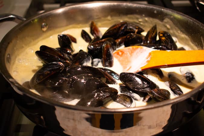 Mussels in pan for Easy Thai coconut curry mussels