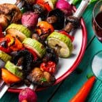 Vegan BBQ Skewers with a glass of red wine