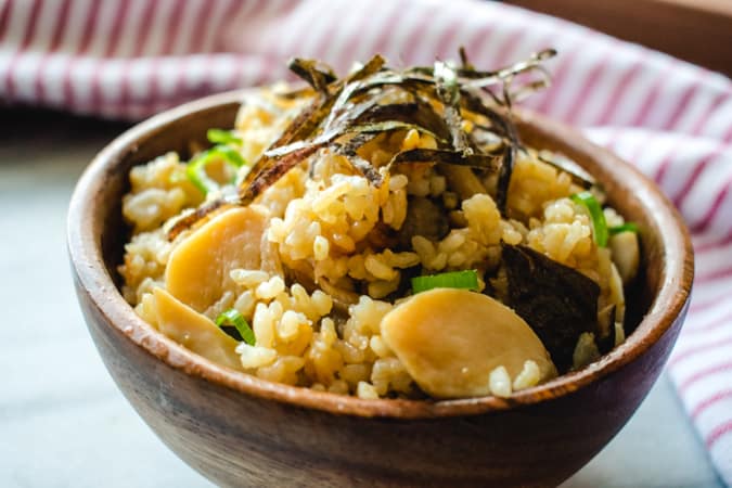 bowl of mushroom rice with nori