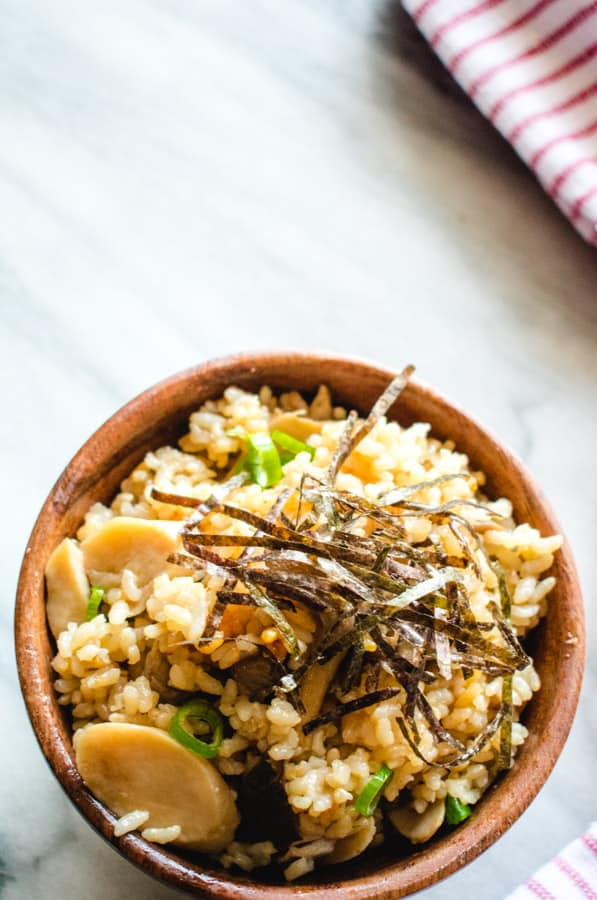 bowl of mushroom rice with nori strips