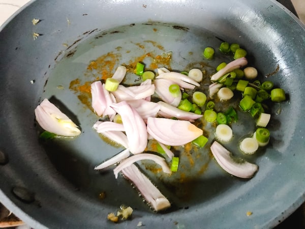 shallots, garlic, green onion, and olive oil in a nonstick pan