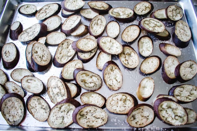 Roasted slices on eggplant on sheet pan