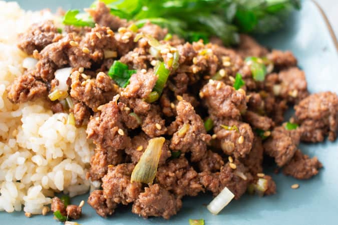 Korean bbq ground beef on a blue plate