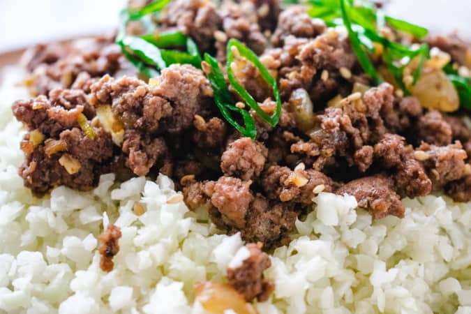 close up of Korean bbq ground beef on cauliflower rice