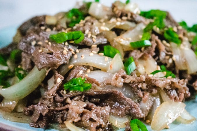 close up of Korean bbq beef and onion