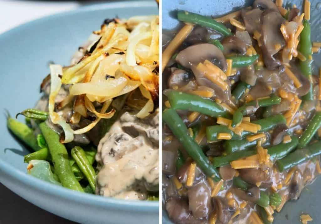 2 versions of green bean casserole with roasted onions and vegan cheese