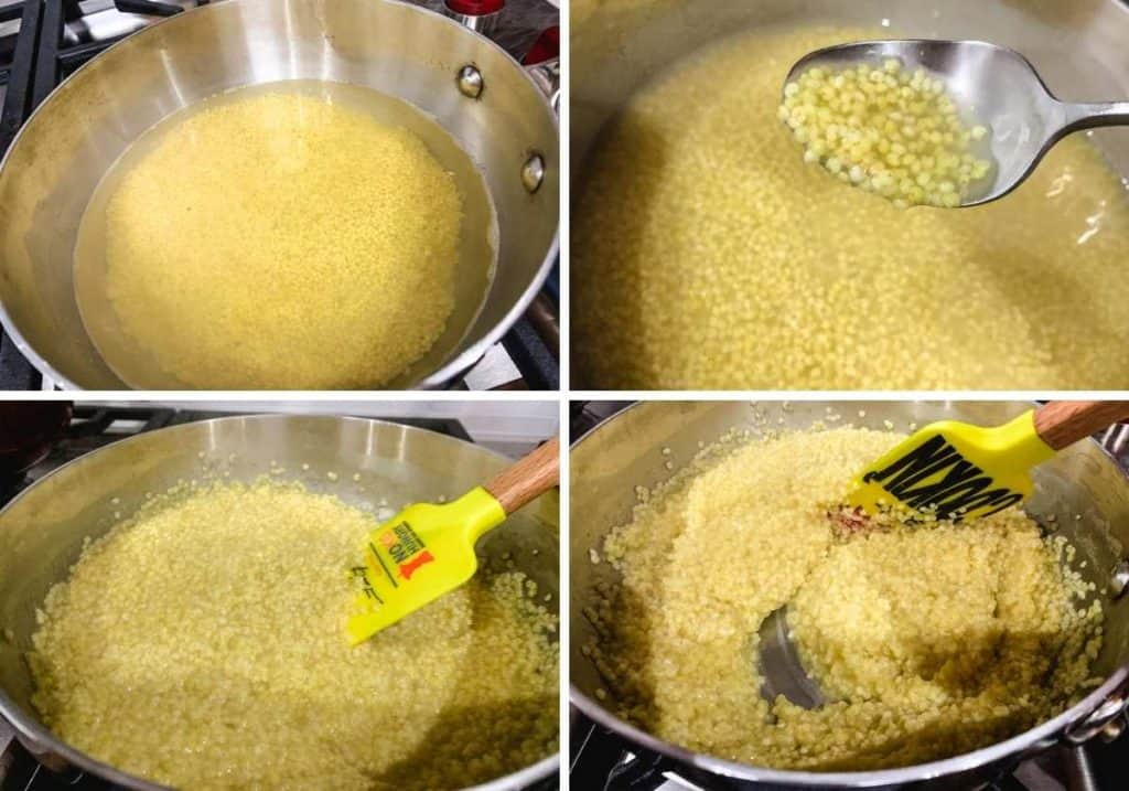 4 pictures showing the stages of cooking millet