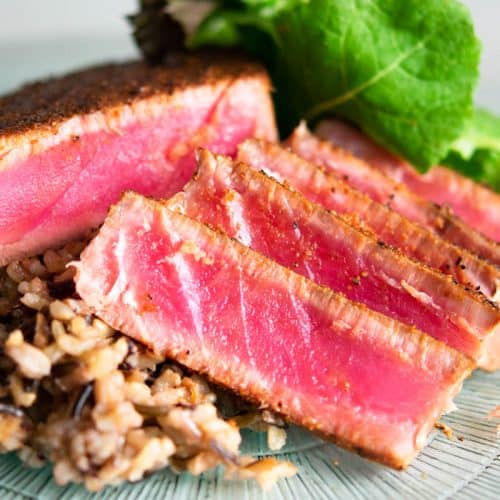 sliced blackened tuna on wild rice