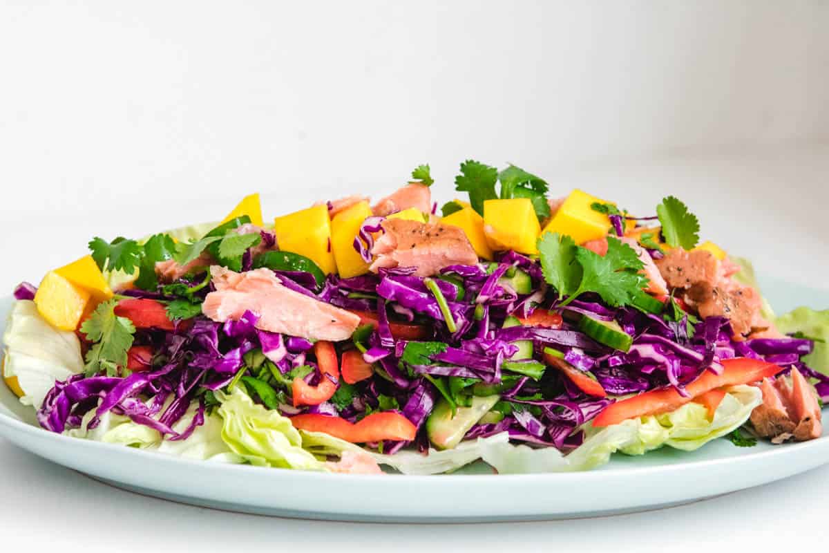 Thai salmon mango salad on a white plate