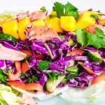 Thai mango salmon salad close up shot on a blue plate