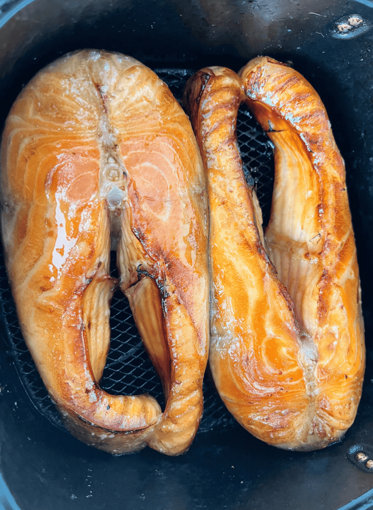 2 salmon steaks in an air fryer