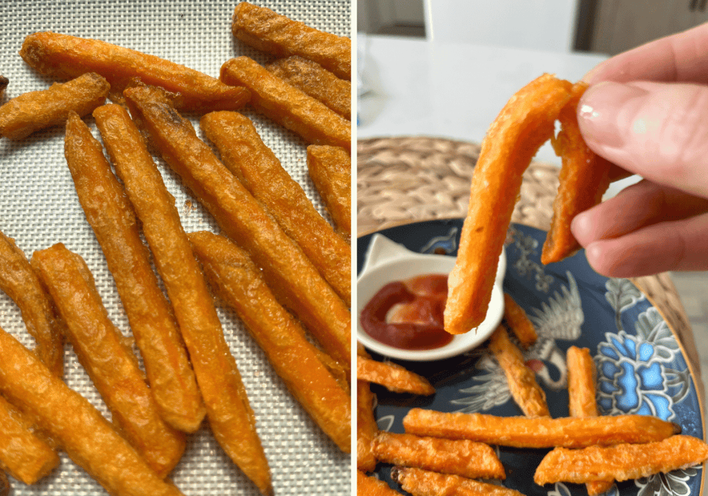 On the left, Trader Joe's sweet potato fries on a baking sheet. On the right, a hand holding a folded over sweet potato fry.