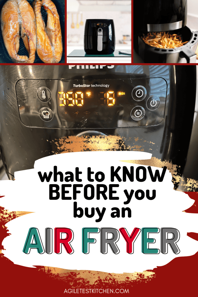 Pinterest pin with title "What to know before you buy an air fryer" with pictures of black air fryers