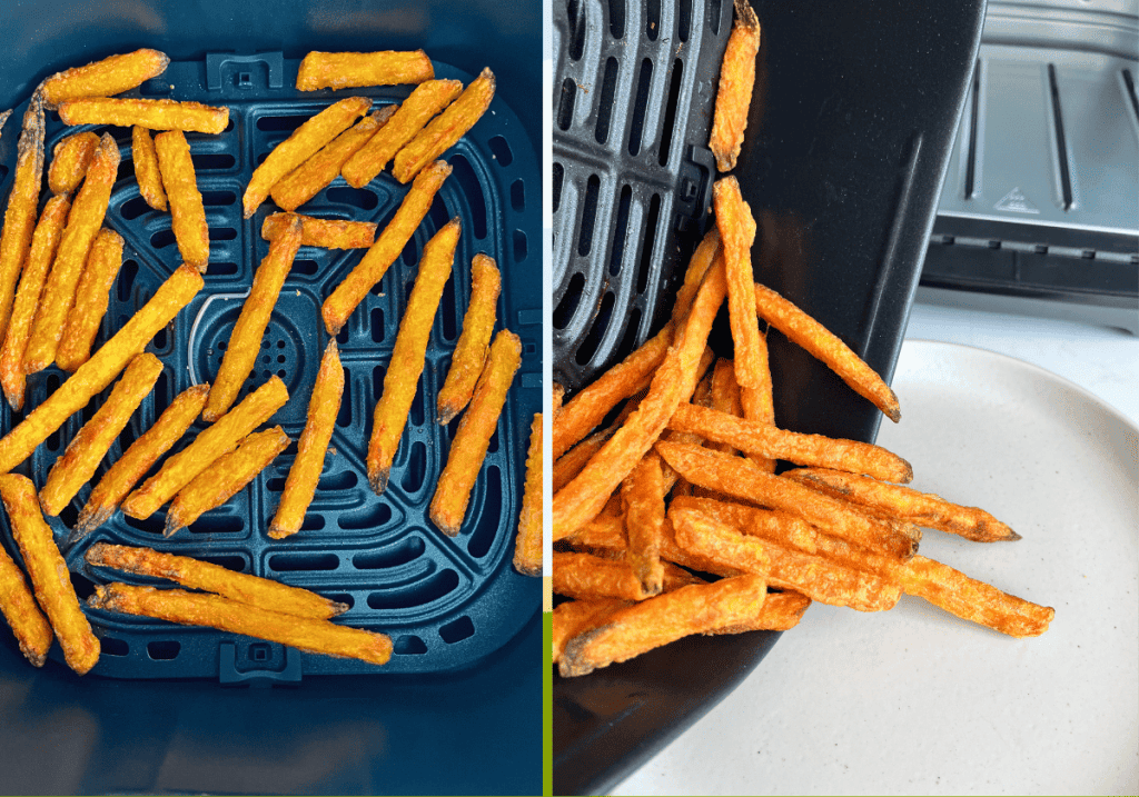 cooked sweet potato fries on the left and fries being poured out of the air fryer basket on the right