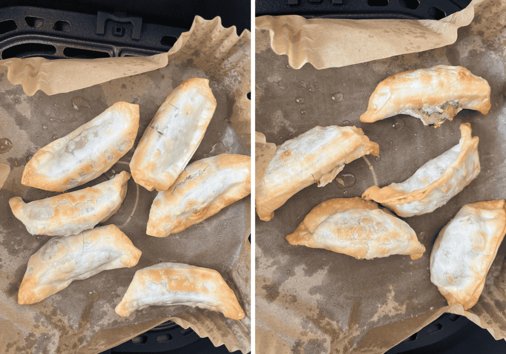 Air fried Trader Joe's gyoza on parchment paper in an air fryer basket.