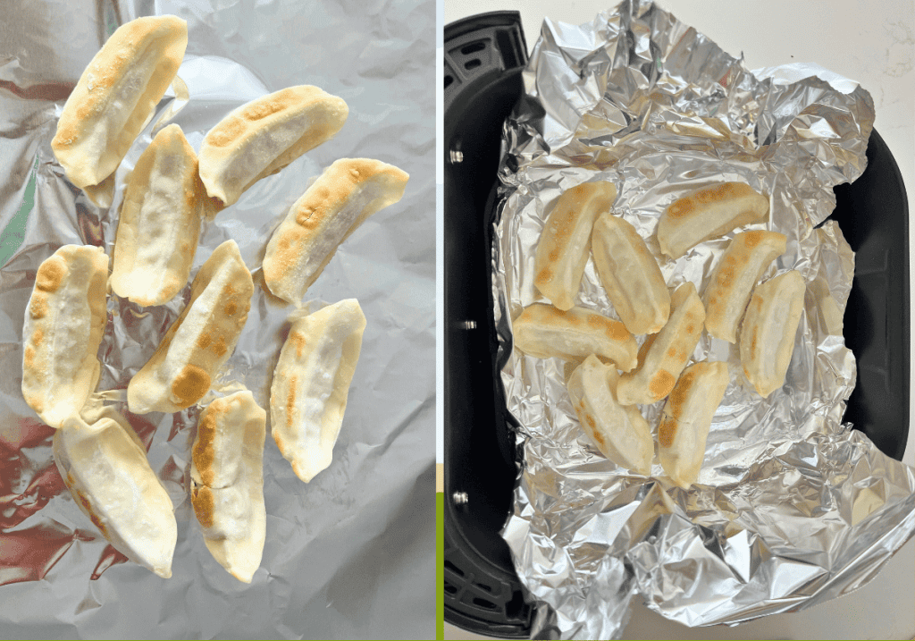 frozen gyoza on a piece of foil on the left and frozen gyoza on in foil in an air fryer basket on the right