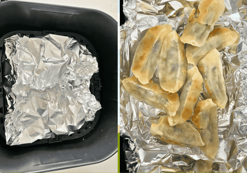 air fryer basket with a foil packet inside on the left and a piece of foil with cooked gyoza on the right