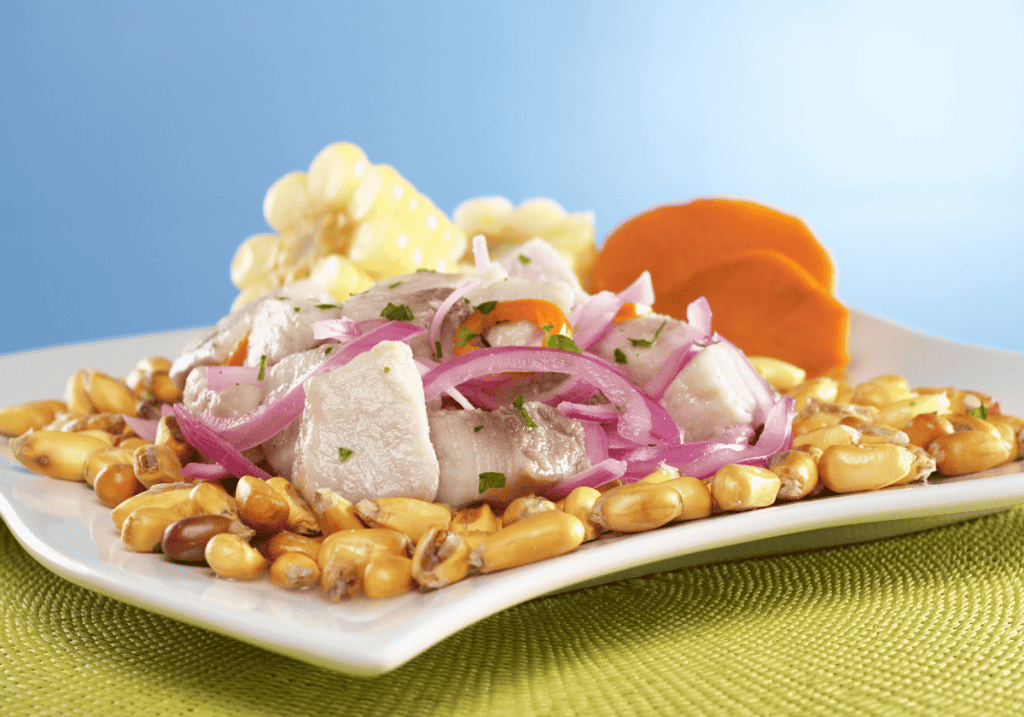 Peruvian Ceviche on a white rectangular plate on a green table and a blue background