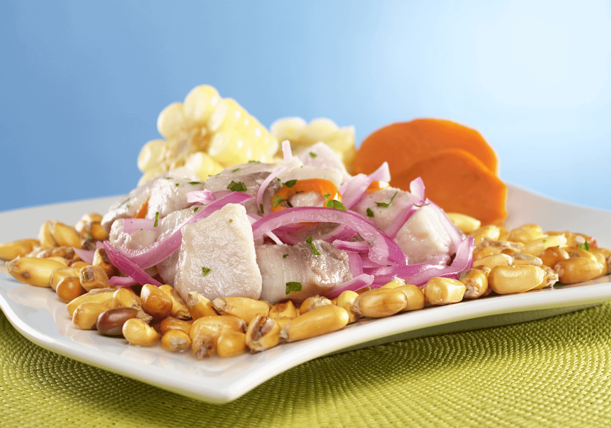 Peruvian Ceviche on a white rectangular plate on a green table and a blue background