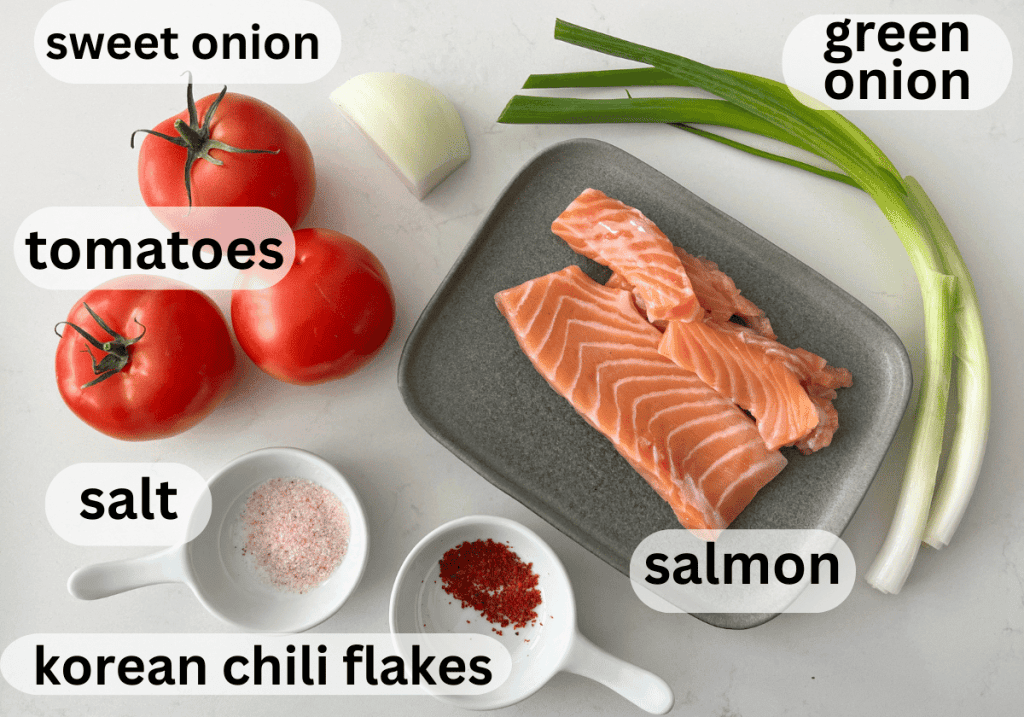 Labeled ingredients on a white background for Lomi Salmon