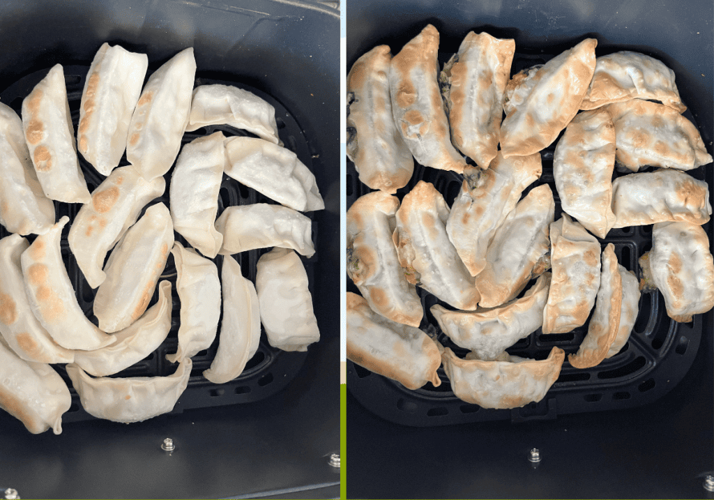 Left side shows a whole bag of frozen gyoza in an air fryer basket. The right side shows a whole bag of cooked gyoza in an air fryer basket.