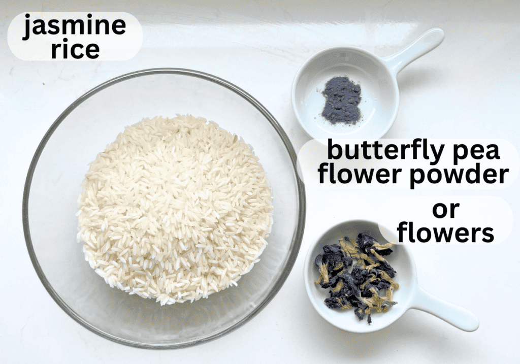Iabeled ingredients for jasmine rice, butterfly pea flower powder and butterfly pea flowers