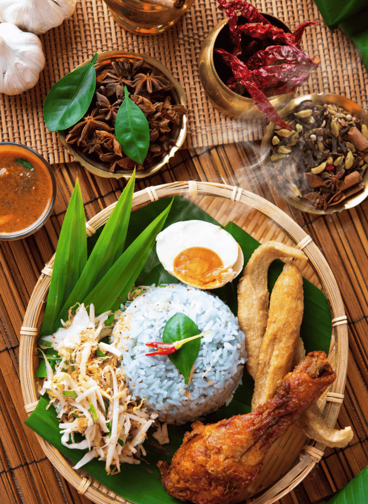 Traditional spread of the Malaysian dish nasi lemak.