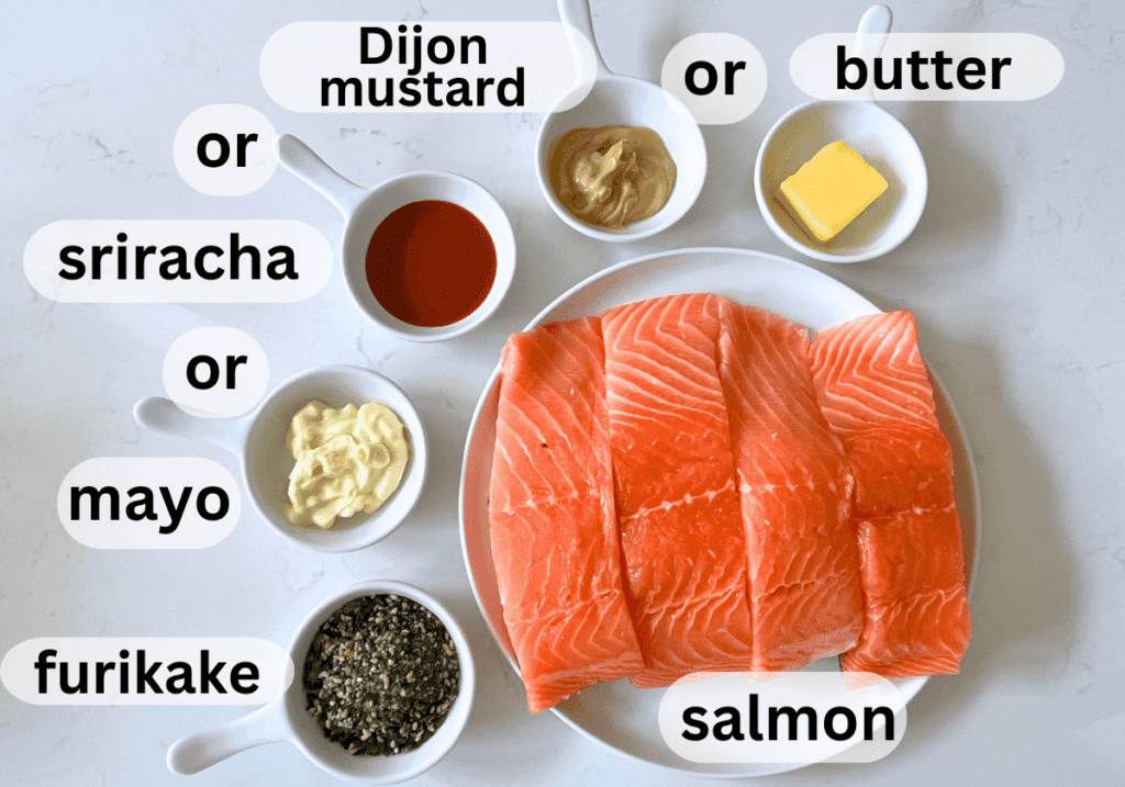 Ingredients for furikake salmon on a white background