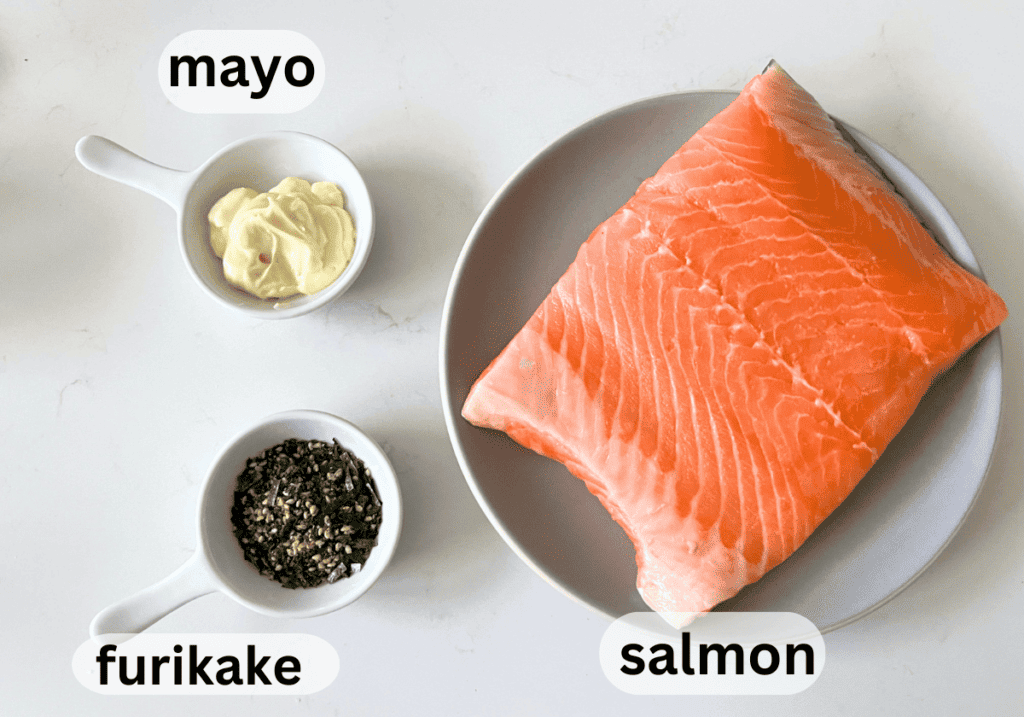 Labeled ingredients for traditional furikake: salmon, mayonnaise, and furikake seasoning. 