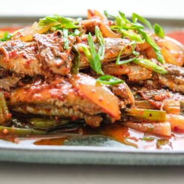 korean sardines on a gray rectangular plate