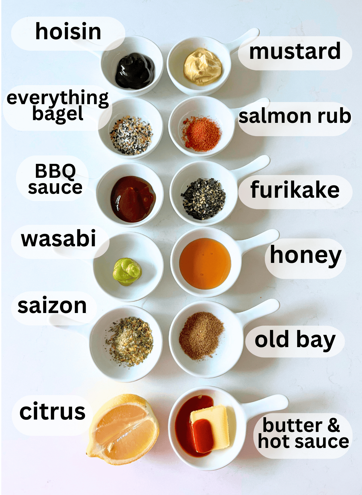 labeled ingredients for 12 different salmon seasonings