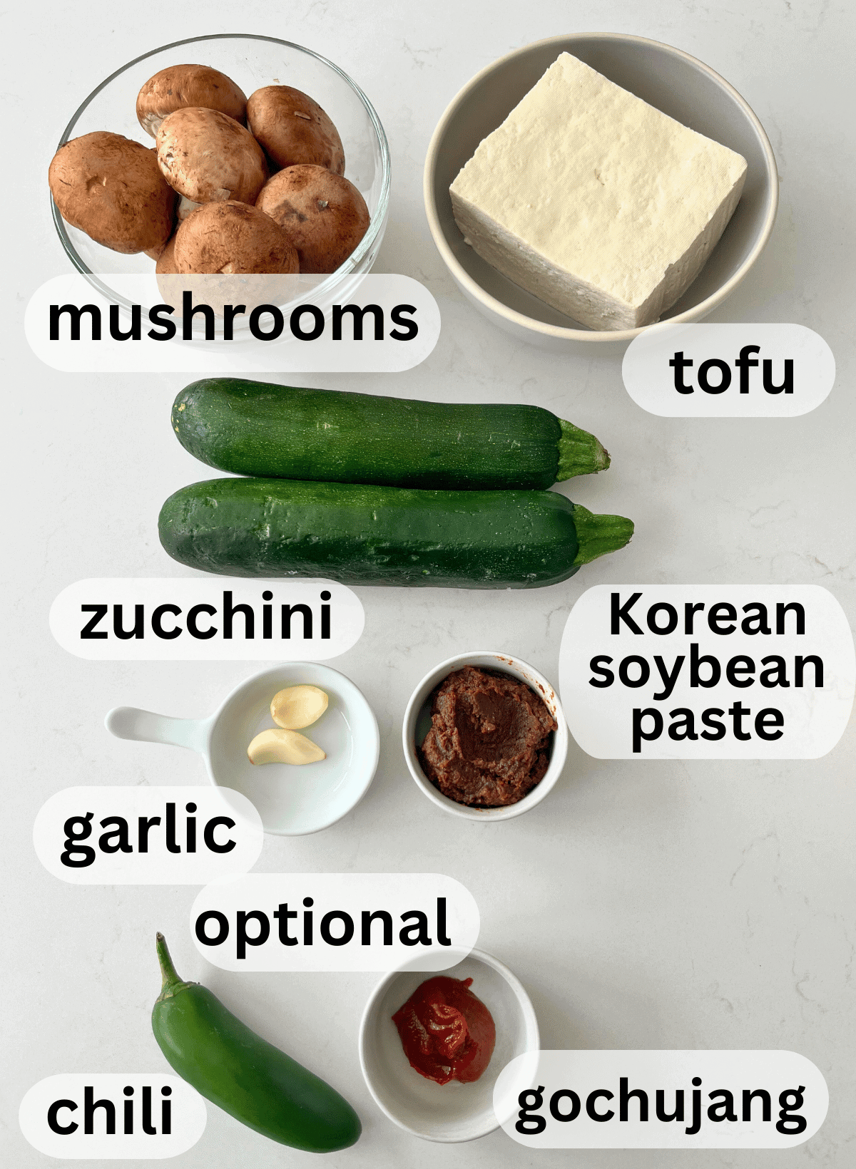 labeled ingredients for vegan korean soybean paste stew