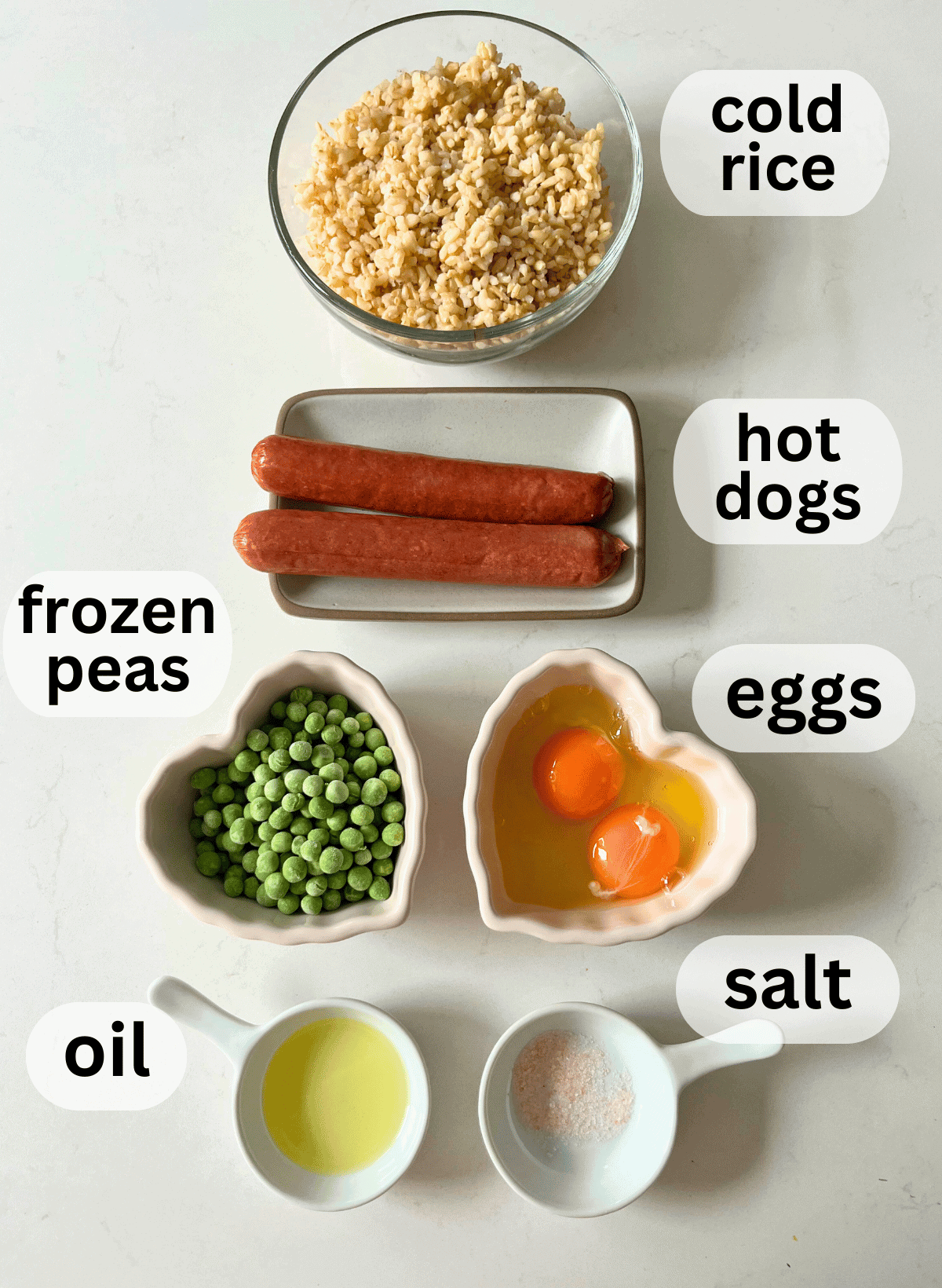 labeled ingredients for hot dog fried rice