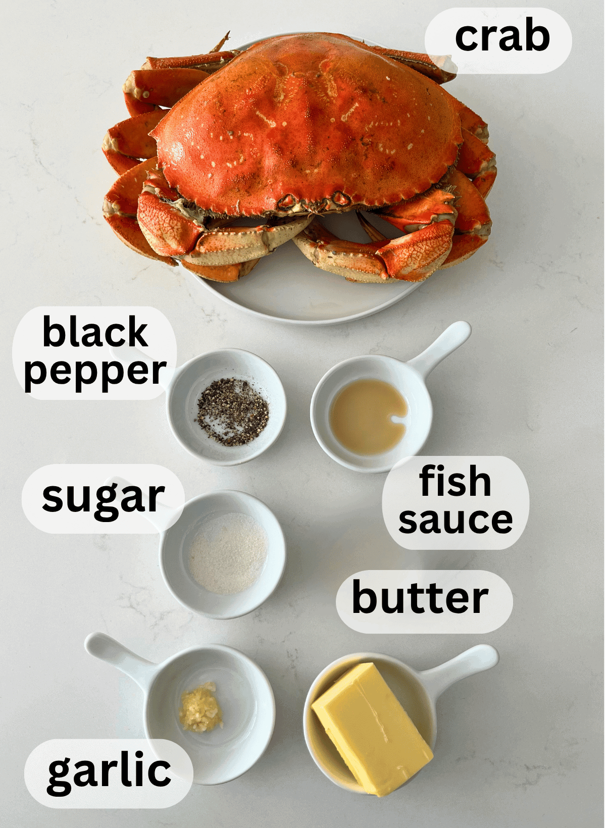 labeled ingredients for Roasted Garlic Crab