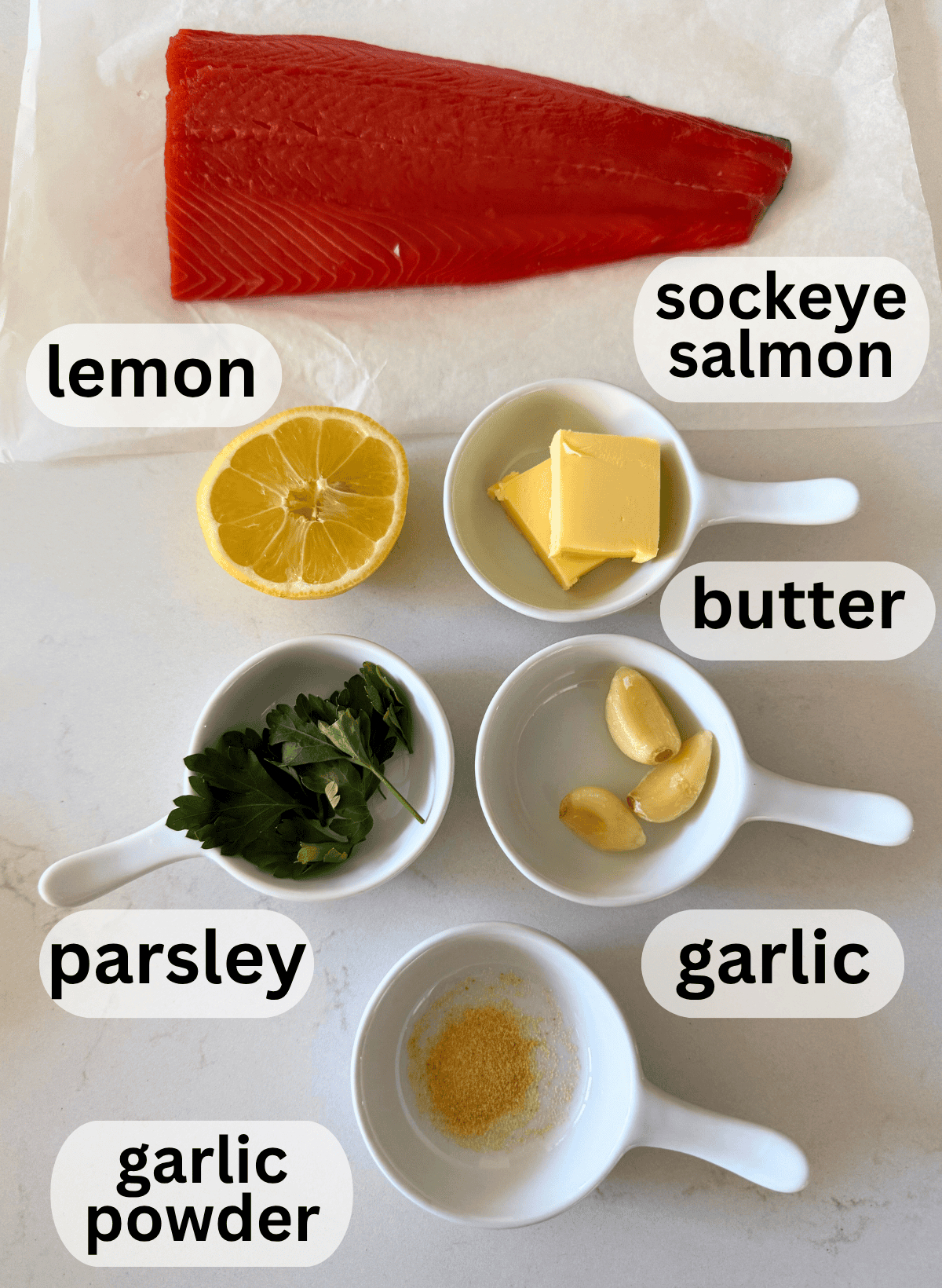 labeled ingredients for air fryer sockeye salmon with creamy garlic butter