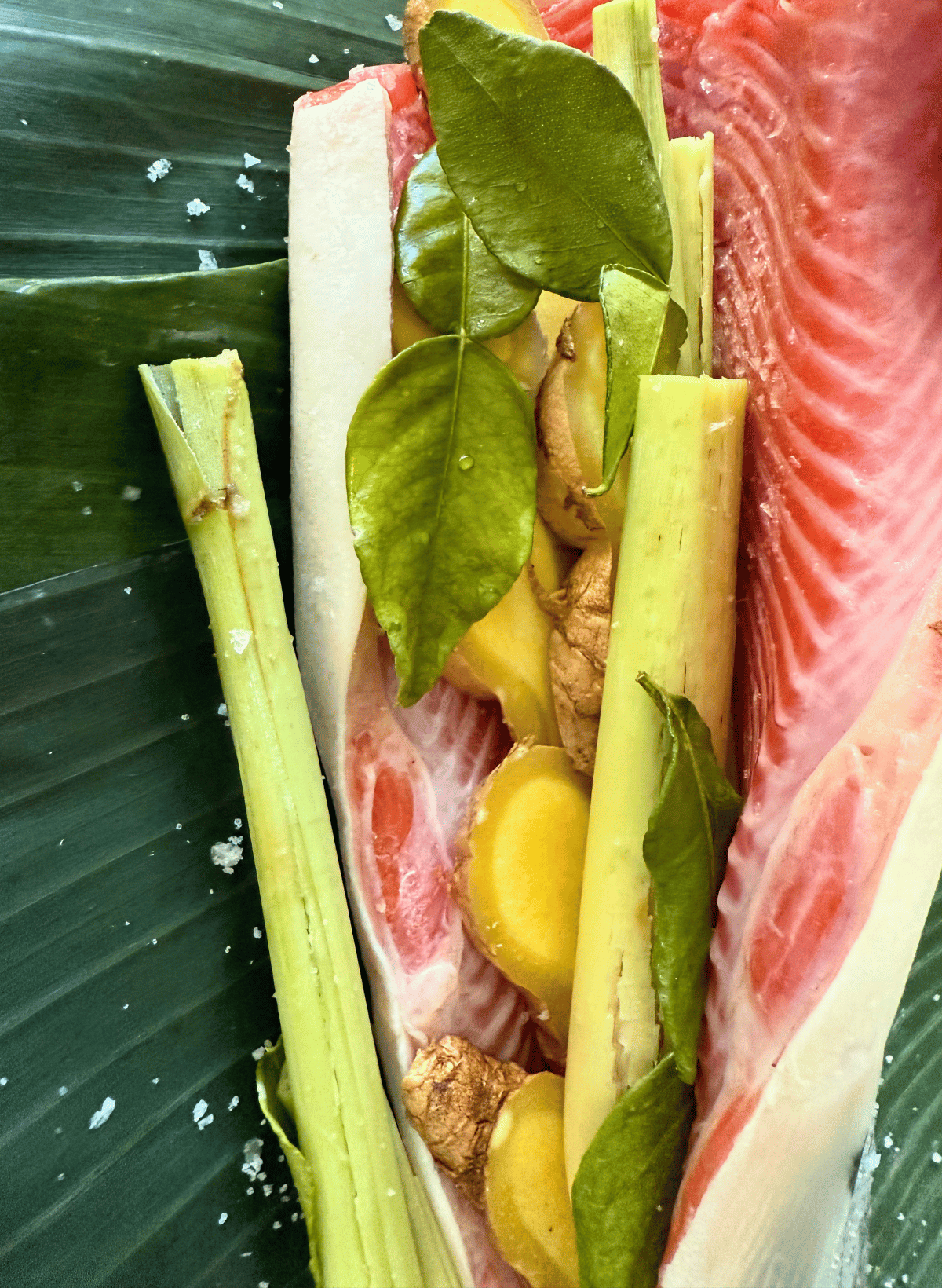 coho salmon fillet stuffed with lemongrass, kaffir lime leaf, and ginger