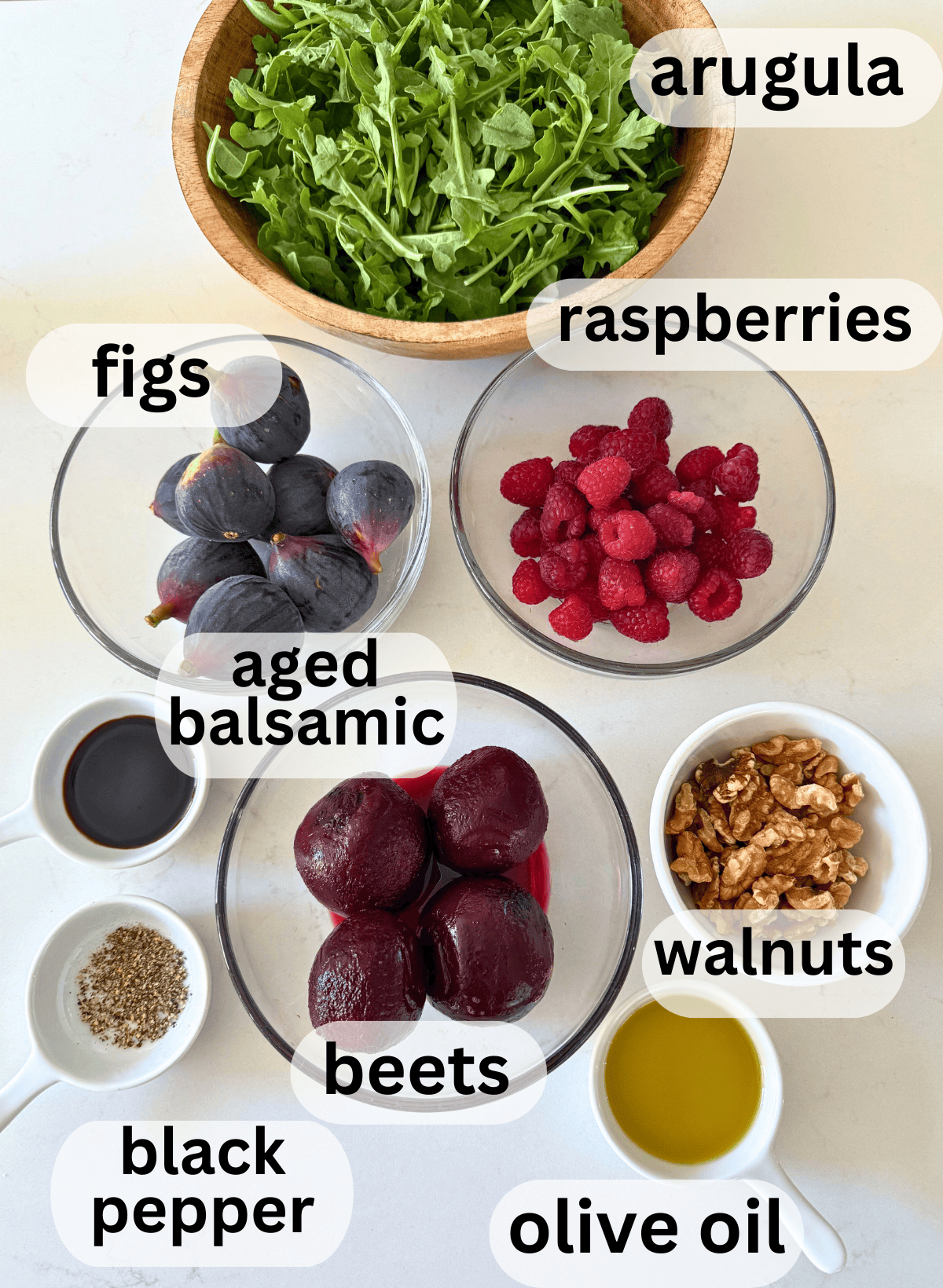 labeled ingredients for fig and beet salad
