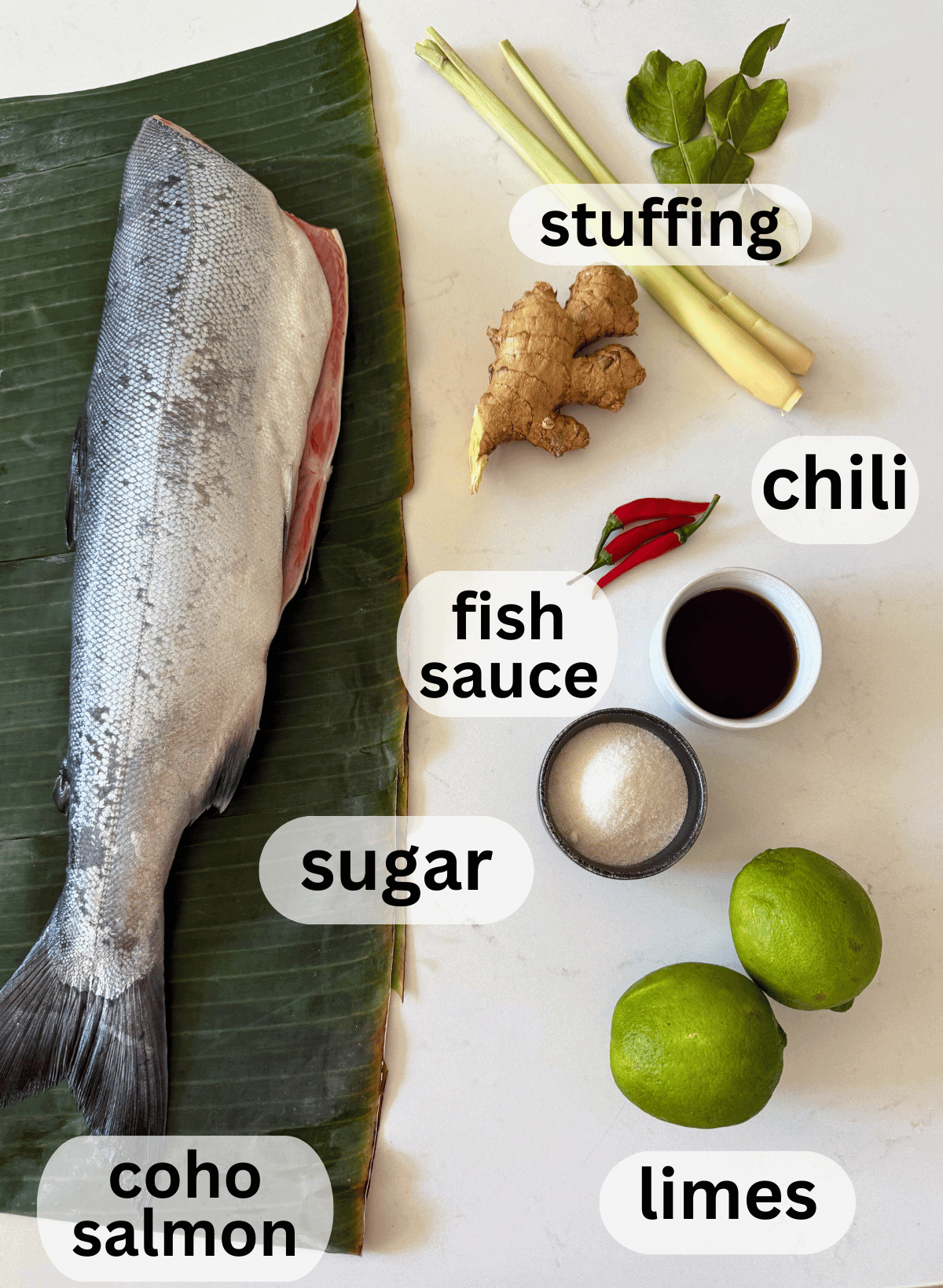 labeled ingredients for banana leaf wrapped coho salmon