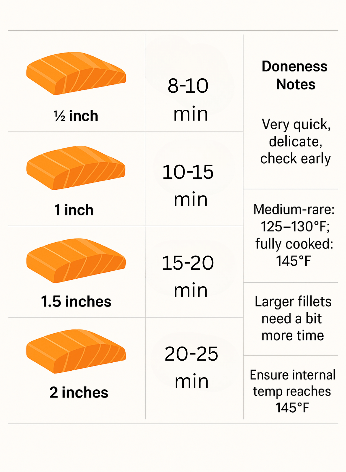 Chart showing air fryer cooking times by thickness of the salmon fillet