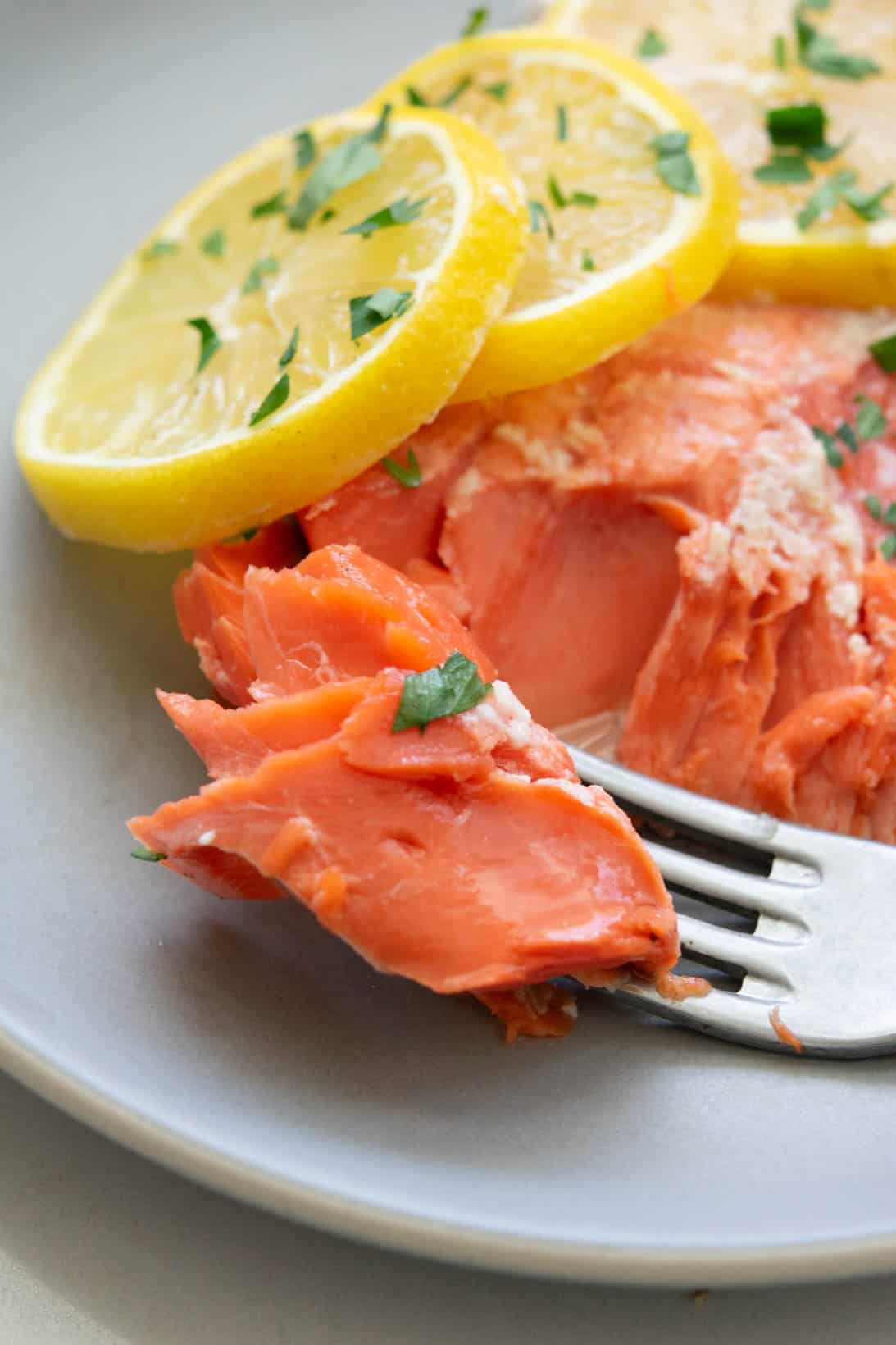 forkful of slow roasted sockeye salmon with sliced lemons on a round gray plate