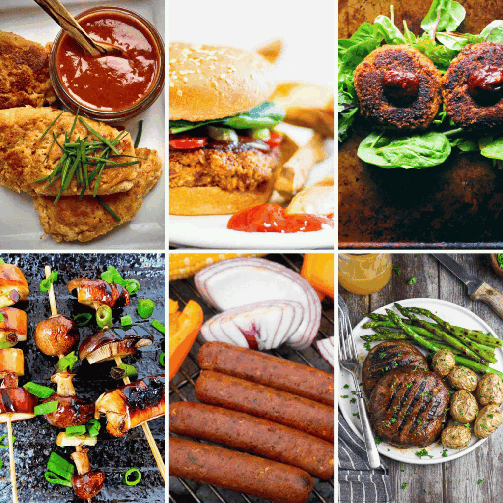 Collage of 6 photos of vegan bbq recipes