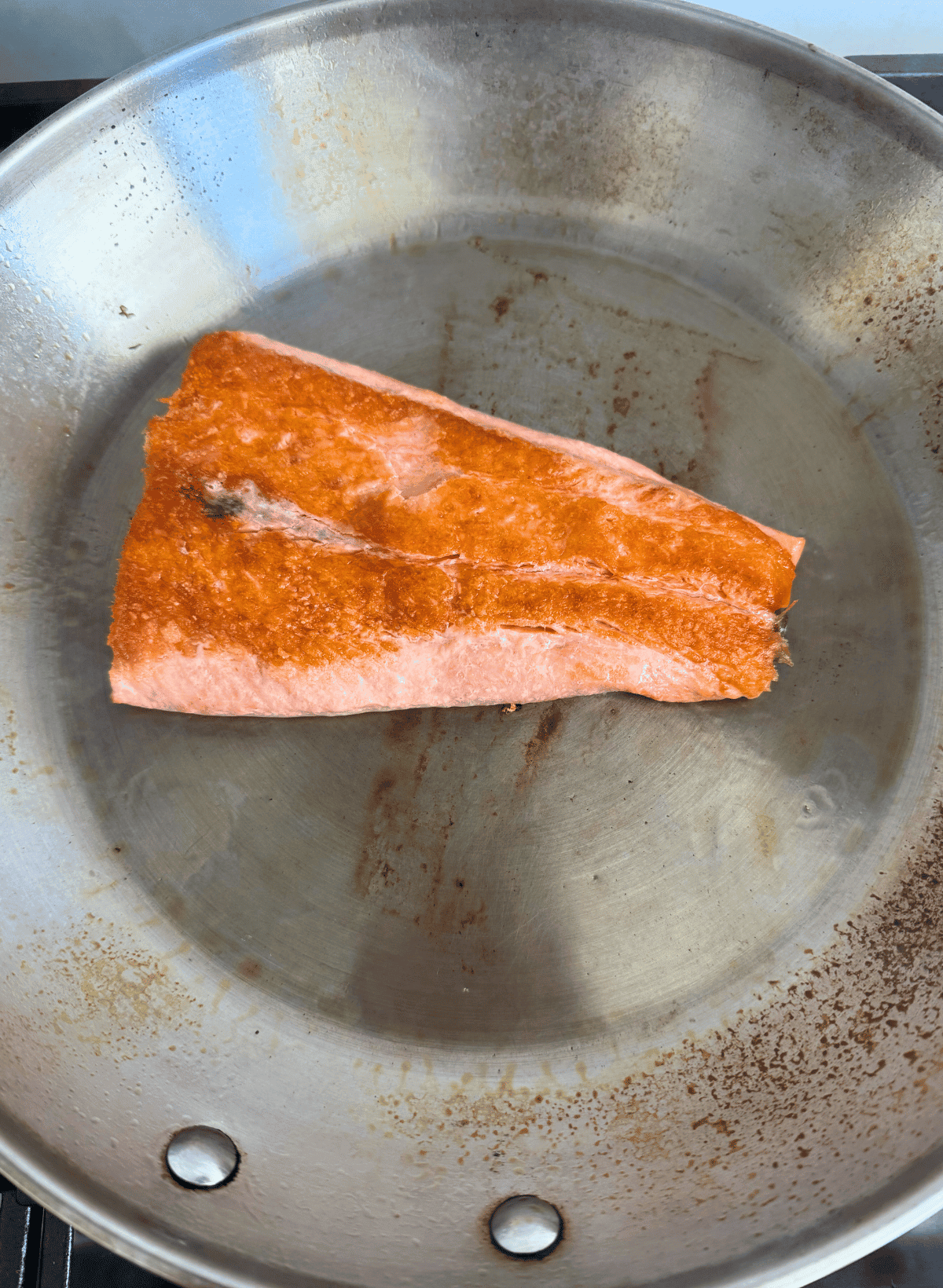 seared coho salmon fillet in a stainless steel skillet