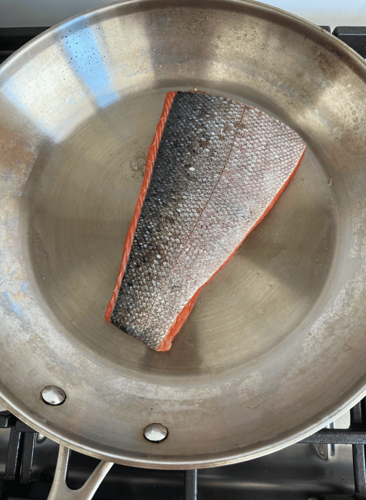 skin side up salmon fillet in a stainless steel skillet