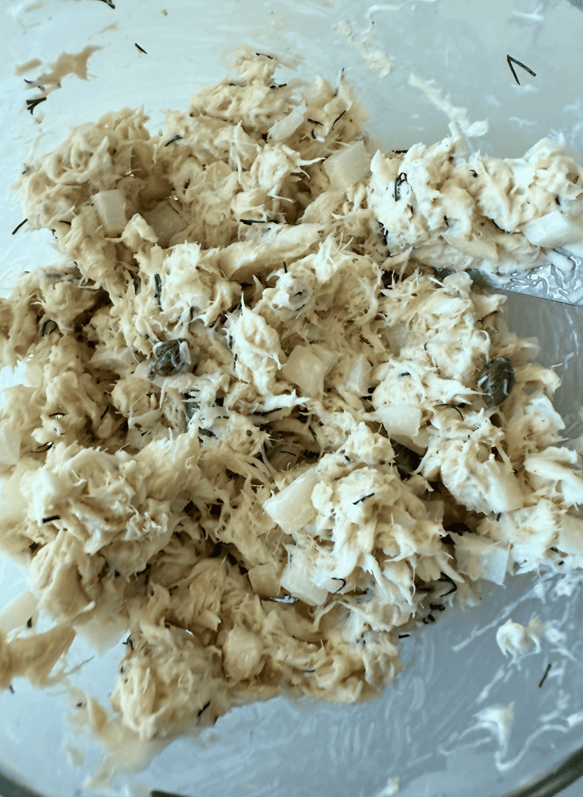 rockfish salad mix in a glass bowl
